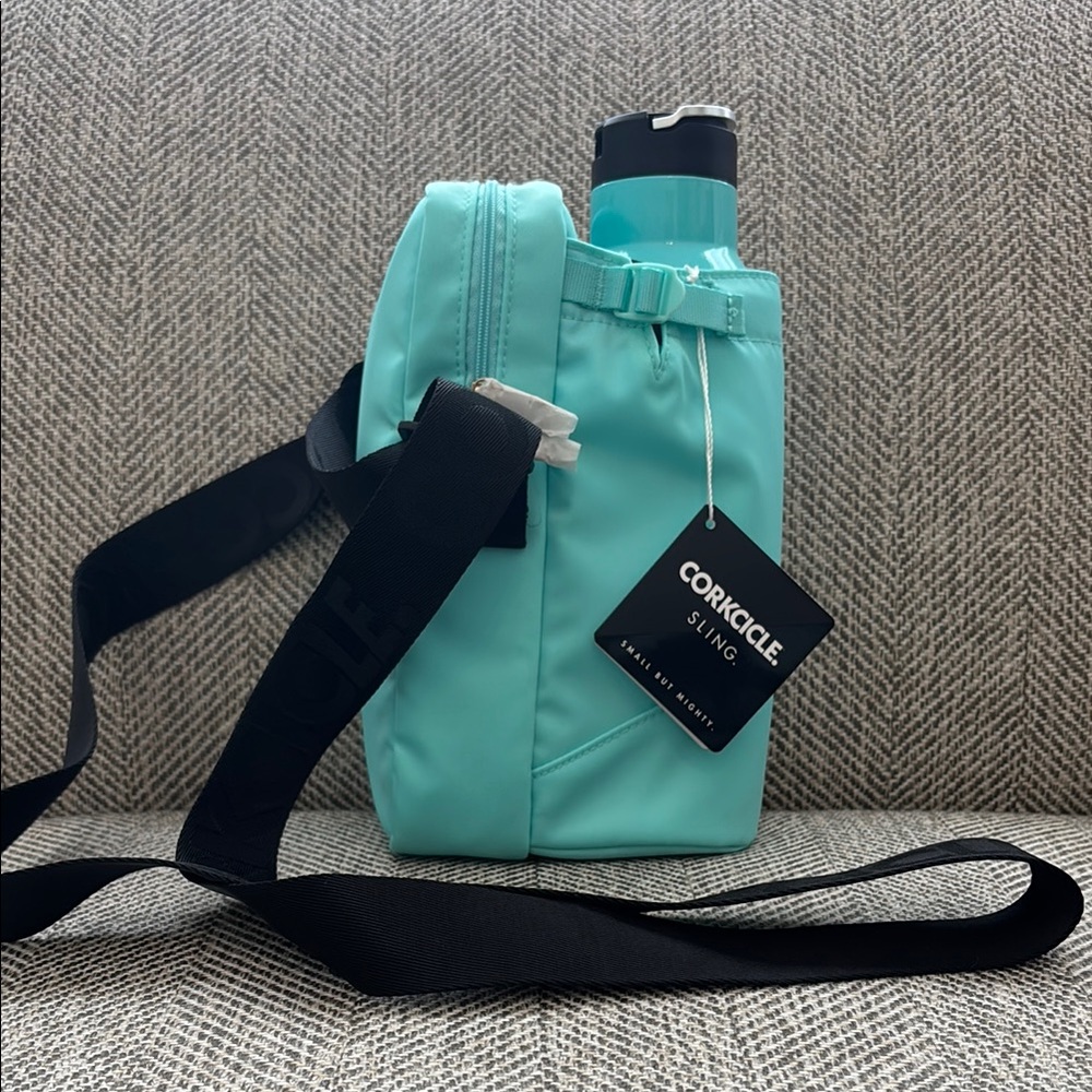 Corkcicle Blue Crossbody Bag with Adjustable Strap and Water Bottle